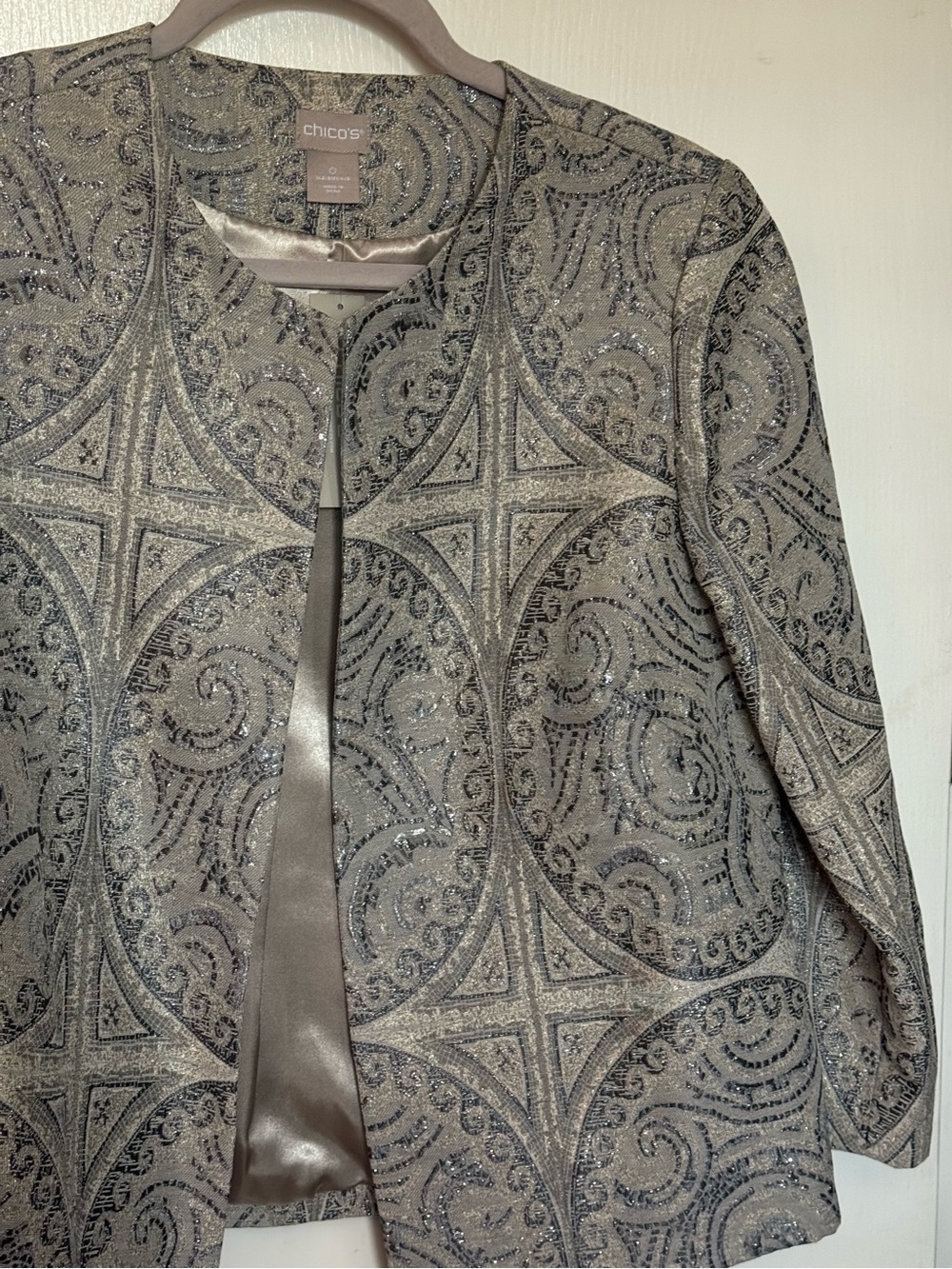 Chico's Silver Gray Embellished Open-Front Jacket
